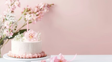 A beautifully decorated birthday cake with a lit candle and delicate pink flowers on a soft pastel background.