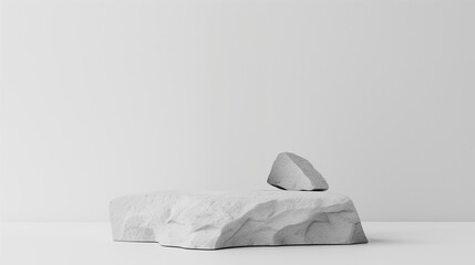3D Gray stone podium display set. Copy space white background. Cosmetics or beauty product promotion mockup. Natural rough grey rock step pedestal. Trendy minimalist banner,