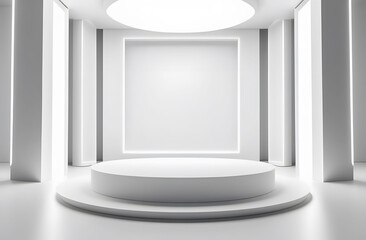 A white podium in a 3d white room with overhead lighting. 3D room for product or award presentation.