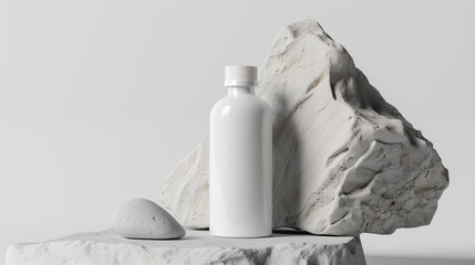 bottle of essential massage oil on stone - beauty treatment. Minimal white design packaging mock up