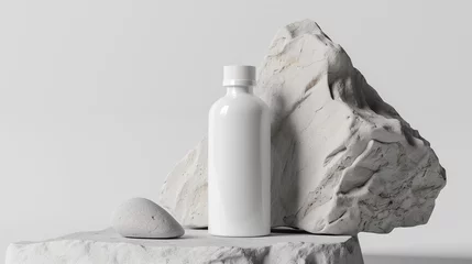 Stof per meter Schoonheidssalon bottle of essential massage oil on stone - beauty treatment. Minimal white design packaging mock up