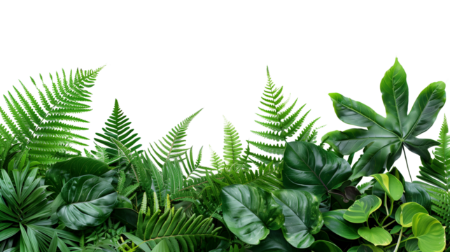 Green leaves of tropical plants bush (Monstera, palm, fern, rubber plant, pine, birds nest fern) floral arrangement indoors garden nature backdrop isolated on white background