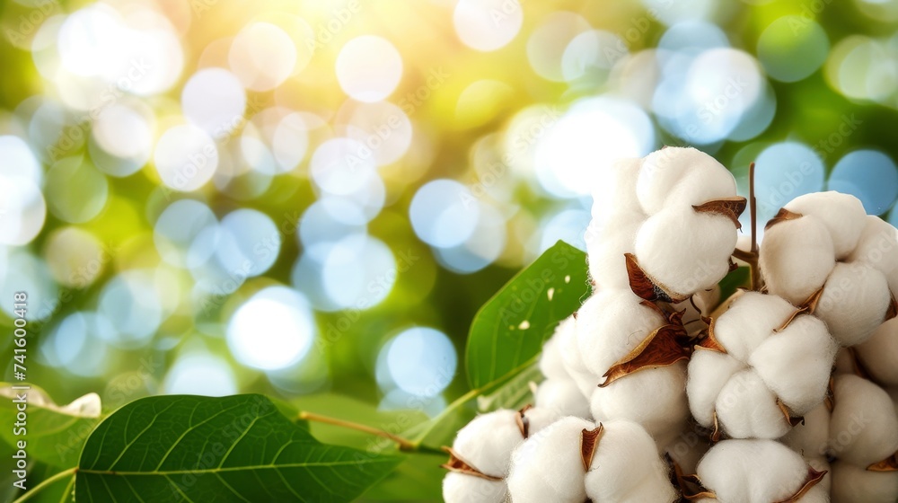 Poster close up of cotton balls on a branch in sunlight on a summer field with ample copy space for text