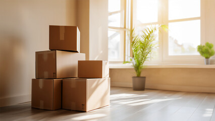 Stacked cardboard boxes are neatly piled in a sunlit empty room, symbolizing a fresh start and the anticipation of a new home. Concept of new beginnings, real estate, lifestyle transitions, moving