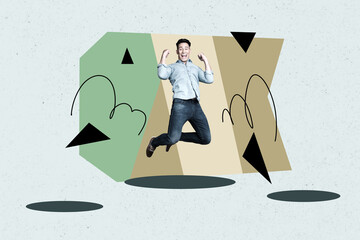 Collage image picture of cheerful glad man celebrate success jump up yes isolated on drawing...