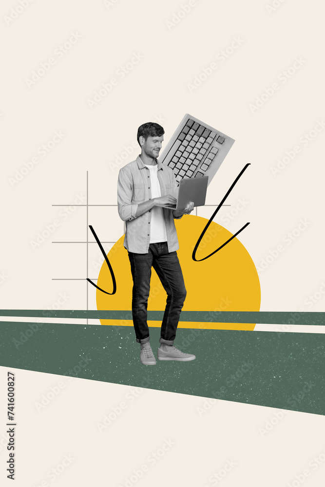 Poster magazine collage image of smiling confident worker programming modern gadget isolated beige color ba