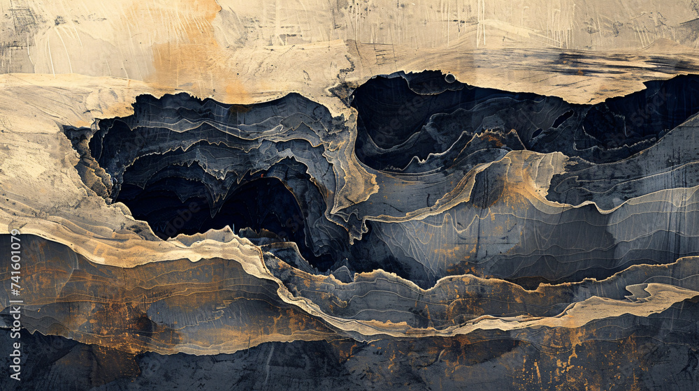 Poster nature image of a black cliff, in the style of multilayered abstraction, shaped canvas, futuristic c