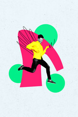 Collage vertical sketch of crazy funky cheerful guy running flying air having fun isolated on drawing vibrant background