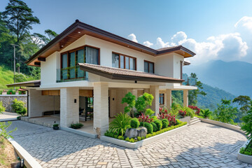 Fototapeta na wymiar Luxury modern home exterior with landscaped garden. Architecture and design.