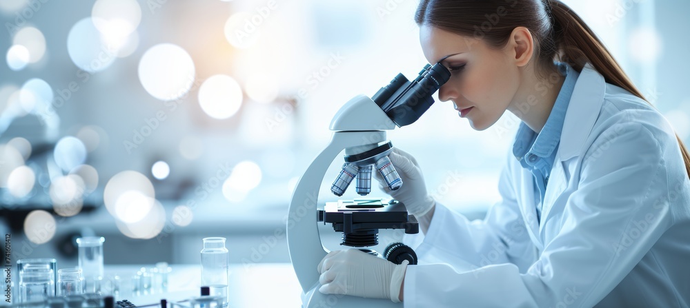 Poster female medic analyzing microscope samples in lab with blurred background and copy space