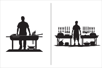 Barbecue grill Silhouette vector icon design and Grill bbq vector icon set illustration. BBQ silhouette vector on White background.