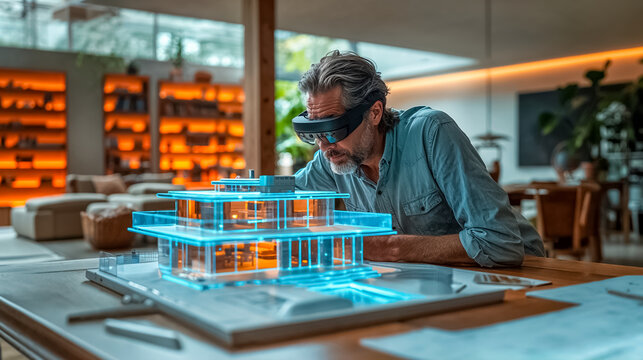 un architecte qui regarde en maison en r&eacute;alit&eacute; augment&eacute;e gr&acirc;ce &agrave; un casque de r&eacute;alit&eacute; virtuelle