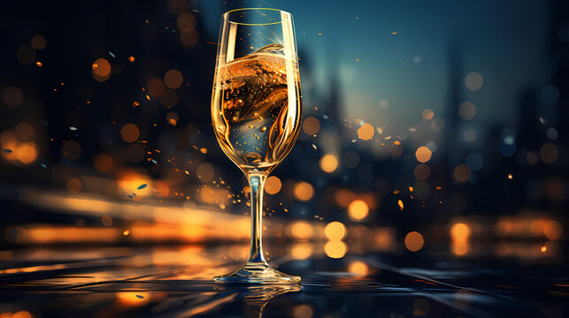 Champagne Glass Close-up, Bokeh Light Background