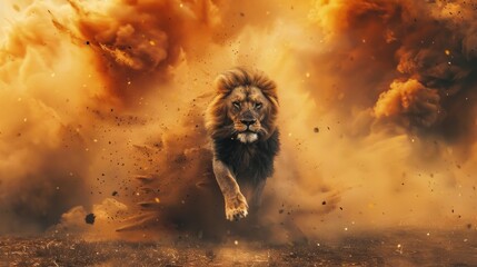 A powerful image of a lion charging across the African plains, dust swirling around its powerful 