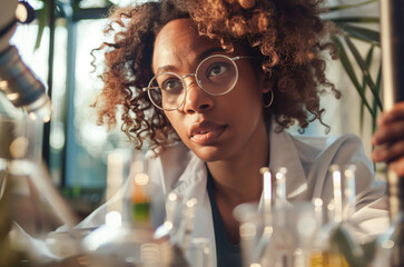 African American female scientist with curly hair carefully examining laboratory samples, surrounded by equipment..