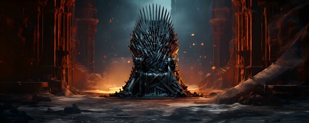 Ancient iron throne adds intrigue to medieval setting in fantasy world concept. Concept Fantasy World, Medieval Setting, Ancient Iron Throne, Intrigue, Concept - obrazy, fototapety, plakaty