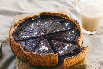 Fragrant blueberry cheesecake for a delicious and light breakfast. - obrazy, fototapety, plakaty