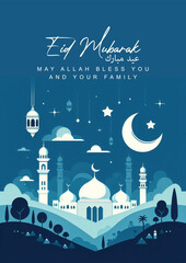 Muslim eid mubarak ramadan festival celebration greeting card poster design.islamic religion holiday abstract arabian mosque lantern moon art.islam calligraphy vector illustration background
