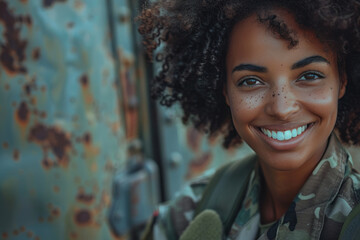 Afro woman army soldier smiling in Universal Camouflage Uniform - obrazy, fototapety, plakaty