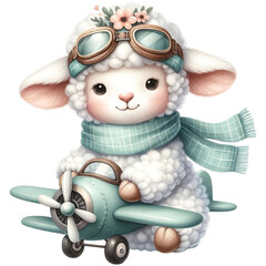 Fototapeta premium A charming illustrated sheep wearing a cozy scarf and a delicate flower, exuding warmth and cuteness. 