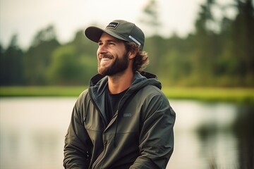 Portrait of a smiling fisherman standing on the bank of a lake