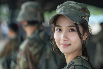 Asian woman army soldier smiling in Universal Camouflage Uniform