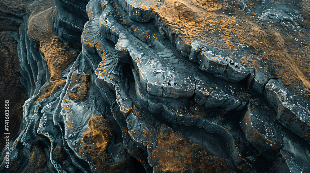 Poster nature image of a black cliff, in the style of multilayered abstraction, shaped canvas, futuristic c