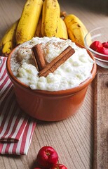 hominy and emilho in brown ceramic bowl and wooden background and photo captured vertically