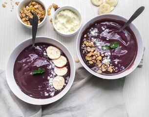  white bowl with iced açaí and granola typical Brazilian food and  wooden background