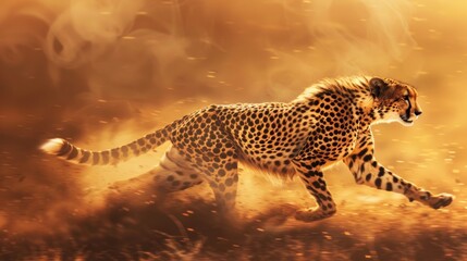 Cheetah running swiftly through the Kenyan savannah, showcasing its spotted fur and incredible speed as a majestic predator of the wild - obrazy, fototapety, plakaty