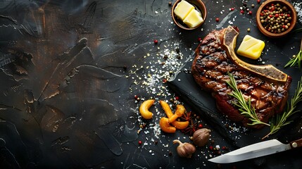 Food background with Fresh marbled beef rib eye steak, butter and spices