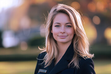 Blonde woman navy soldier smile in daily service uniform