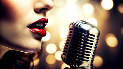 Cantante con micrófono retro sobre fondo de luces borrosas. Mujer rubia cantando un blues en el escenario. Chica rubia con micrófono Shure 55 Unidyne sobre un escenario.  - obrazy, fototapety, plakaty