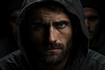 A man wearing a hooded jacket stares directly at the camera