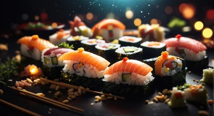 Tuinposter Food sushi set on a dark background © MochSjamsul