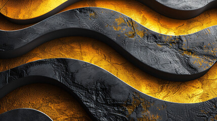 a yellow and black abstract wave pattern, in the style of futuristic organic, poster, shaped canvas
