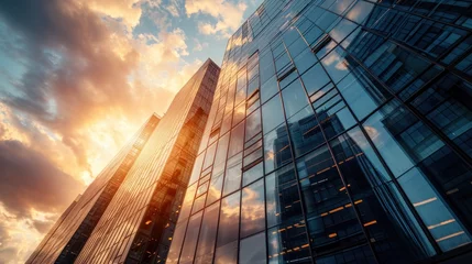 Foto op Aluminium Modern office building or business center. High-rise window buildings made of glass reflect the clouds and the sunlight. empty street outside  wall modernity civilization. growing up business © pinkrabbit