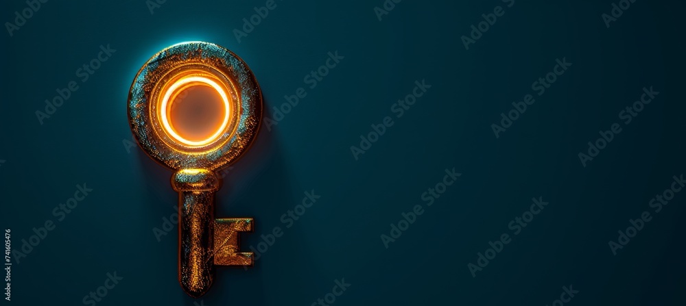 Poster mysterious keyhole with light streaming through, dark background, copy space for text placement