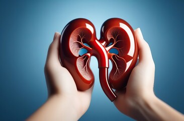 Female hands holding kidney, World Kidney Day. 