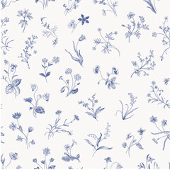 Gentle botany. Spring flowers. Seamless pattern. Vintage vector floral illustration. Blue and white