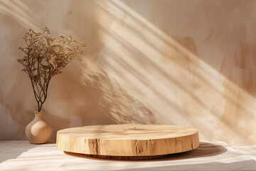 Minimalistic natural wood podium for product presentation, empty platform, beige background
