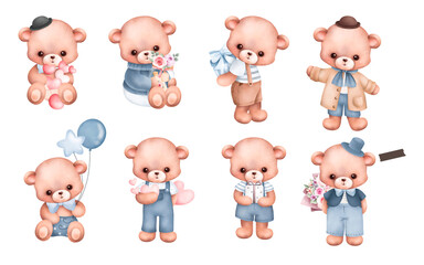 set of teddy bear watercolor illustration