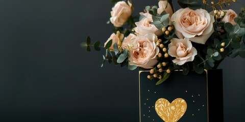A bouquet of white roses in luxury packaging with gold hearts on a dark background with copy space. Festive background for birthday, wedding or women's day - obrazy, fototapety, plakaty