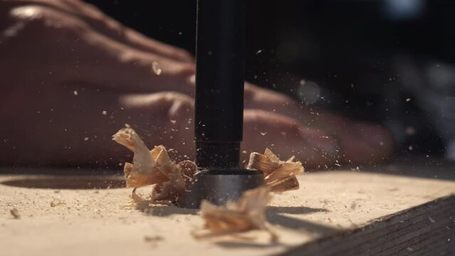 Explore the artistry of woodworking as a forestry drill intricately sculpts wood in mesmerizing slow motion. Watch as each rotation brings forth a cascade of wood shavings, highlighting the beauty of 