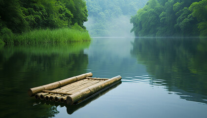 A handmade bamboo raft floats tranquilly on a calm river - reflecting the surrounding verdant scenery and clear blue skies - wide format - obrazy, fototapety, plakaty