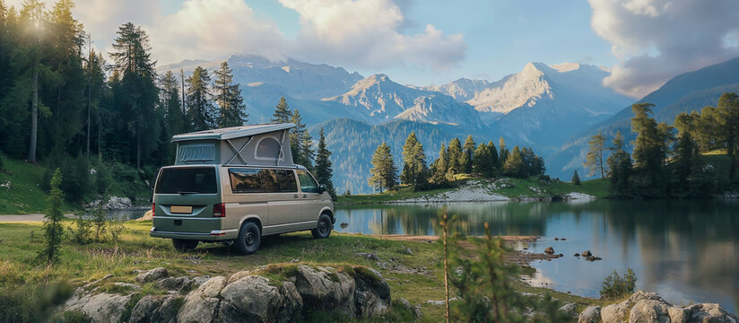 un van am&eacute;nag&eacute; avec lit sur le toit gar&eacute; au bord d'un lac 