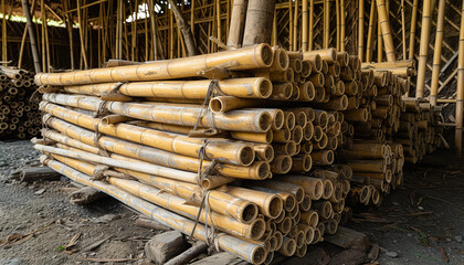 Freshly harvested bamboo canes stacked for drying  - wide format