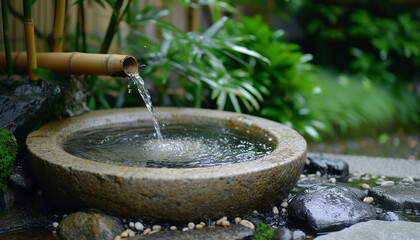 Zen garden with bamboo water spout and stone basin - wide format