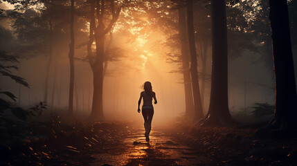 Fototapeta premium A silhouette of a person jogging on a path in a foggy forest, illuminated by the golden rays of the sunrise piercing through the mist and trees