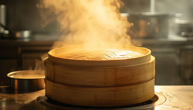 Bamboo steamer releasing steam in a dimly lit kitchen - wide format